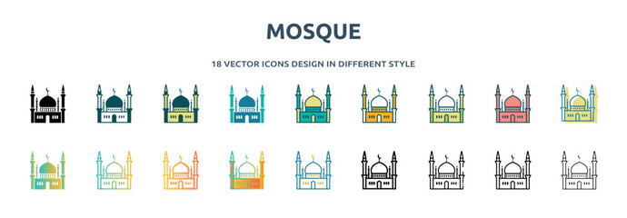 Wall Mural - mosque icon in 18 different styles such as thin line, thick line, two color, glyph, colorful, lineal color, detailed, stroke and gradient. set of mosque vector for web, mobile, ui