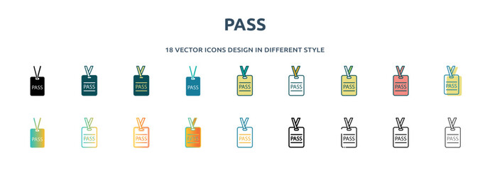 pass icon in 18 different styles such as thin line, thick line, two color, glyph, colorful, lineal color, detailed, stroke and gradient. set of pass vector for web, mobile, ui