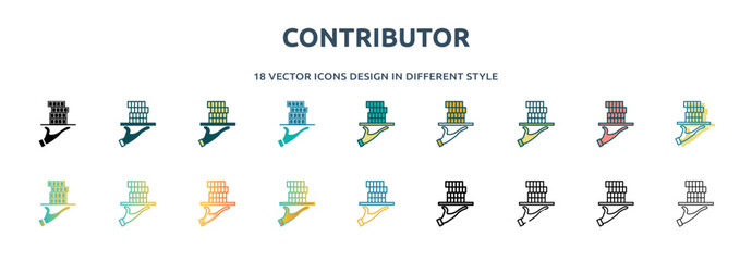 Poster - contributor icon in 18 different styles such as thin line, thick line, two color, glyph, colorful, lineal color, detailed, stroke and gradient. set of contributor vector for web, mobile, ui