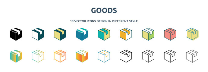 Poster - goods icon in 18 different styles such as thin line, thick line, two color, glyph, colorful, lineal color, detailed, stroke and gradient. set of goods vector for web, mobile, ui