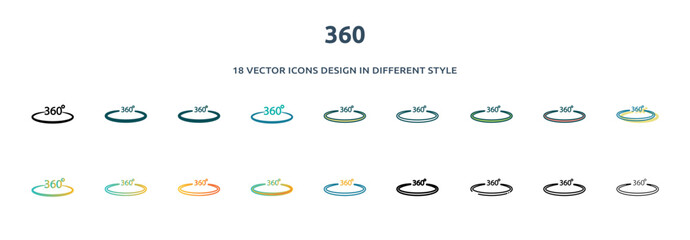 Poster - 360 icon in 18 different styles such as thin line, thick line, two color, glyph, colorful, lineal color, detailed, stroke and gradient. set of 360 vector for web, mobile, ui