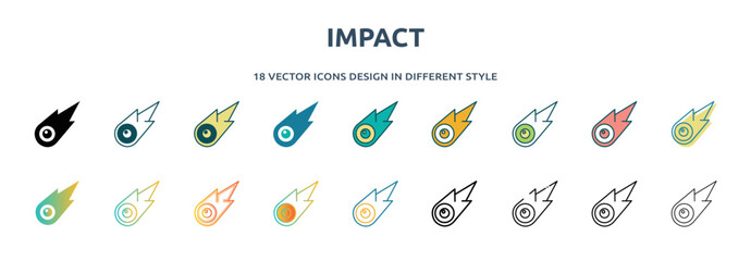 Poster - impact icon in 18 different styles such as thin line, thick line, two color, glyph, colorful, lineal color, detailed, stroke and gradient. set of impact vector for web, mobile, ui
