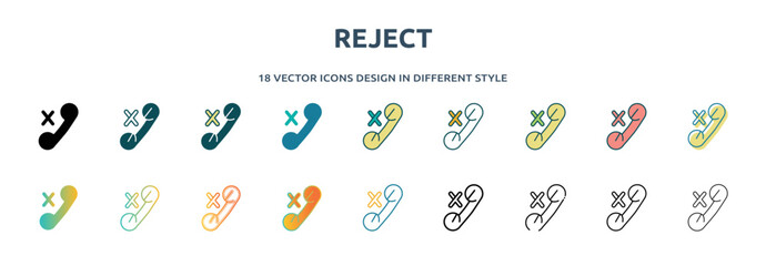 Poster - reject icon in 18 different styles such as thin line, thick line, two color, glyph, colorful, lineal