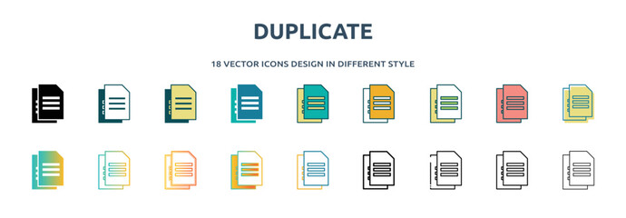 Poster - duplicate icon in 18 different styles such as thin line, thick line, two color, glyph, colorful, lineal color, detailed, stroke and gradient. set of duplicate vector for web, mobile, ui