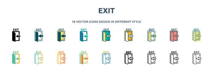 Poster - exit icon in 18 different styles such as thin line, thick line, two color, glyph, colorful, lineal color, detailed, stroke and gradient. set of exit vector for web, mobile, ui