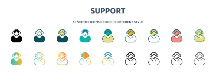 support icon in 18 different styles such as thin line, thick line, two color, glyph, colorful, lineal color, detailed, stroke and gradient. set of support vector for web, mobile, ui