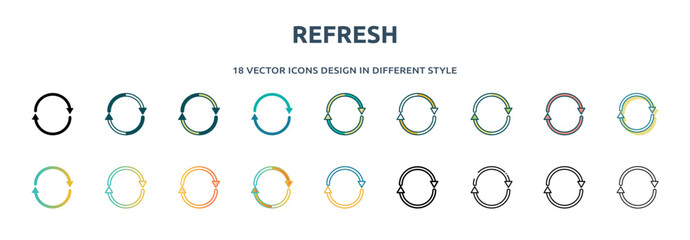 Poster - refresh icon in 18 different styles such as thin line, thick line, two color, glyph, colorful, lineal color, detailed, stroke and gradient. set of refresh vector for web, mobile, ui