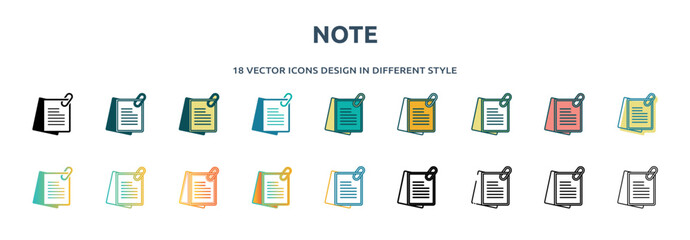 Poster - note icon in 18 different styles such as thin line, thick line, two color, glyph, colorful, lineal color, detailed, stroke and gradient. set of note vector for web, mobile, ui