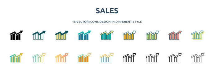 sales icon in 18 different styles such as thin line, thick line, two color, glyph, colorful, lineal color, detailed, stroke and gradient. set of sales vector for web, mobile, ui