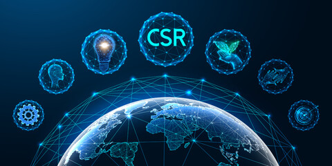 corporate social responsibility csr concept in futuristic glowing low polygonal style on dark blue