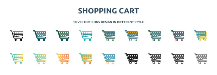 Poster - shopping cart icon in 18 different styles such as thin line, thick line, two color, glyph, colorful, lineal color, detailed, stroke and gradient. set of shopping cart vector for web, mobile, ui