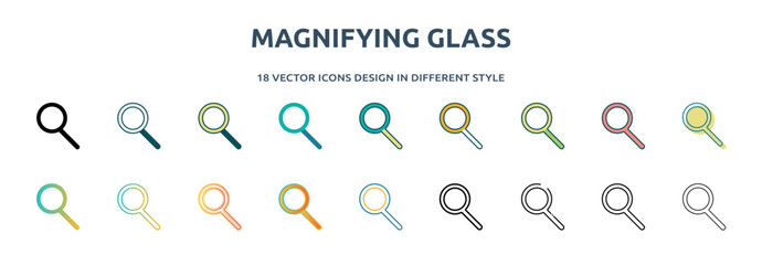 Poster - magnifying glass icon in 18 different styles such as thin line, thick line, two color, glyph, colorful, lineal color, detailed, stroke and gradient. set of magnifying glass vector for web, mobile,