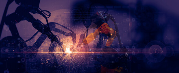 Leinwandbilder - Silhouette of business innovation industry future automation robot arms factory on sunset background.