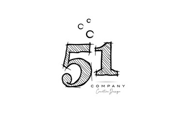 hand drawing number 51 logo icon design for company template. Creative logotype in pencil style