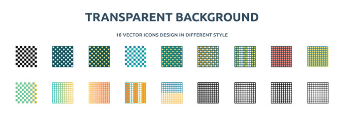 transparent background icon in 18 different styles such as thin line, thick line, two color, glyph, colorful, lineal color, detailed, stroke and gradient. set of transparent background vector for