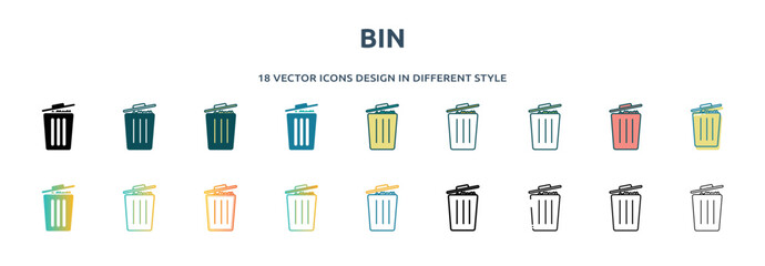 Poster - bin icon in 18 different styles such as thin line, thick line, two color, glyph, colorful, lineal co