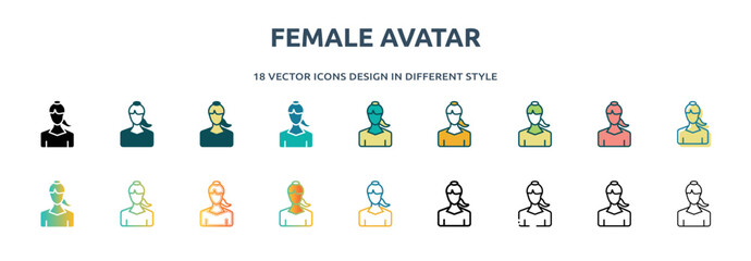 Poster - female avatar icon in 18 different styles such as thin line, thick line, two color, glyph, colorful, lineal color, detailed, stroke and gradient. set of female avatar vector for web, mobile, ui