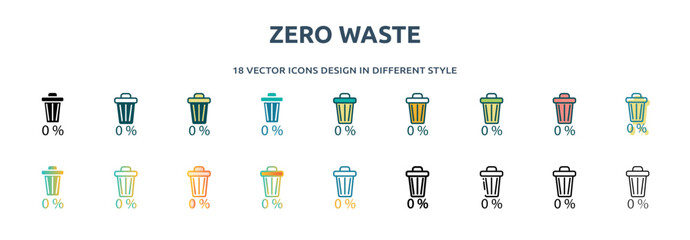 Poster - zero waste icon in 18 different styles such as thin line, thick line, two color, glyph, colorful, lineal color, detailed, stroke and gradient. set of zero waste vector for web, mobile, ui
