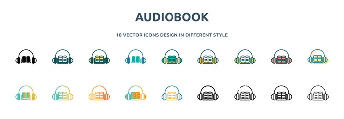 Poster - audiobook icon in 18 different styles such as thin line, thick line, two color, glyph, colorful, lin