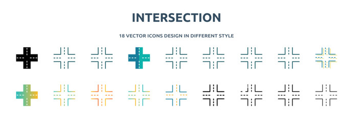 Poster - intersection icon in 18 different styles such as thin line, thick line, two color, glyph, colorful, lineal color, detailed, stroke and gradient. set of intersection vector for web, mobile, ui