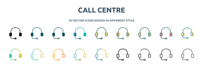 Poster - call centre icon in 18 different styles such as thin line, thick line, two color, glyph, colorful, l