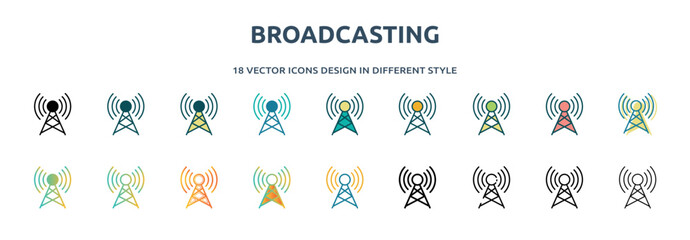 Poster - broadcasting icon in 18 different styles such as thin line, thick line, two color, glyph, colorful, lineal color, detailed, stroke and gradient. set of broadcasting vector for web, mobile, ui