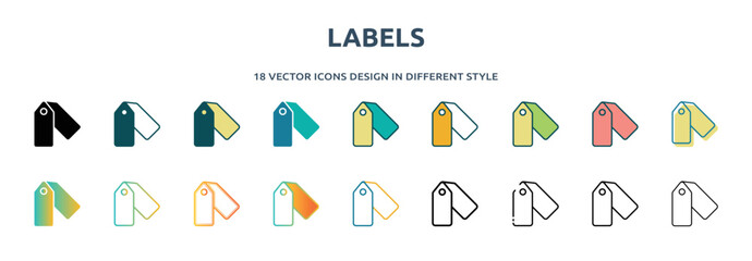 Poster - labels icon in 18 different styles such as thin line, thick line, two color, glyph, colorful, lineal color, detailed, stroke and gradient. set of labels vector for web, mobile, ui