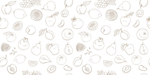 Outline hand drawn seamless colorfull fruit pattern (flat style, thin line).Peach, pear, plum, orange, lemon, grapefruit, grape, pomegranate, apple