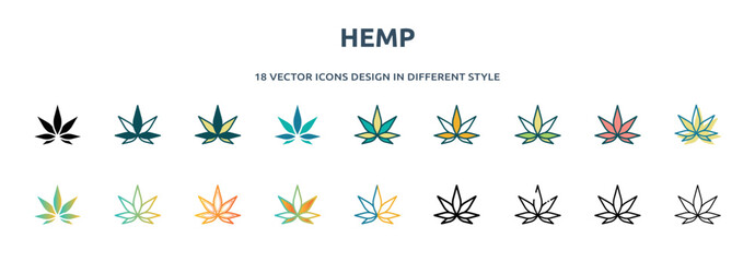 Poster - hemp icon in 18 different styles such as thin line, thick line, two color, glyph, colorful, lineal color, detailed, stroke and gradient. set of hemp vector for web, mobile, ui