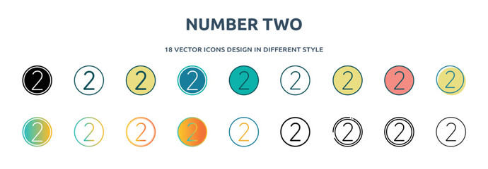 number two icon in 18 different styles such as thin line, thick line, two color, glyph, colorful, lineal color, detailed, stroke and gradient. set of number two vector for web, mobile, ui