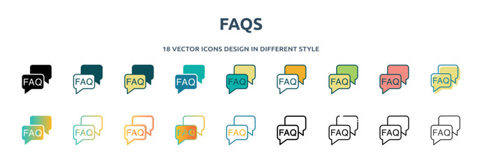 Aufkleber - faqs icon in 18 different styles such as thin line, thick line, two color, glyph, colorful, lineal color, detailed, stroke and gradient. set of faqs vector for web, mobile, ui