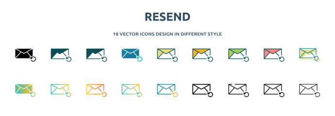 Poster - resend icon in 18 different styles such as thin line, thick line, two color, glyph, colorful, lineal color, detailed, stroke and gradient. set of resend vector for web, mobile, ui