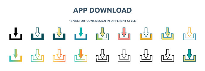 Poster - app download icon in 18 different styles such as thin line, thick line, two color, glyph, colorful, lineal color, detailed, stroke and gradient. set of app download vector for web, mobile, ui
