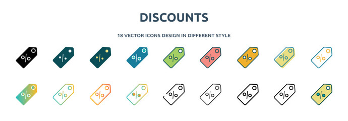 discounts icon in 18 different styles such as thin line, thick line, two color, glyph, colorful, lineal color, detailed, stroke and gradient. set of discounts vector for web, mobile, ui