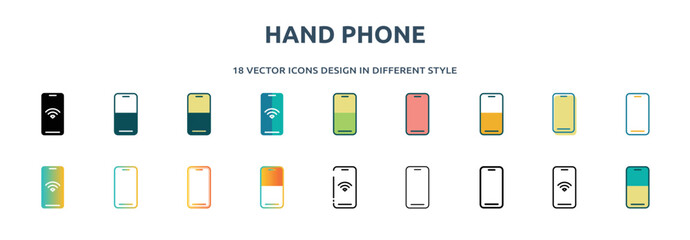 Poster - hand phone icon in 18 different styles such as thin line, thick line, two color, glyph, colorful, lineal color, detailed, stroke and gradient. set of hand phone vector for web, mobile, ui