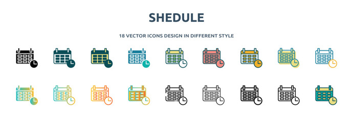 shedule icon in 18 different styles such as thin line, thick line, two color, glyph, colorful, lineal color, detailed, stroke and gradient. set of shedule vector for web, mobile, ui