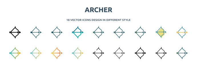 Aufkleber - archer icon in 18 different styles such as thin line, thick line, two color, glyph, colorful, lineal color, detailed, stroke and gradient. set of archer vector for web, mobile, ui