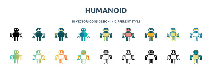 Poster - humanoid icon in 18 different styles such as thin line, thick line, two color, glyph, colorful, lineal color, detailed, stroke and gradient. set of humanoid vector for web, mobile, ui