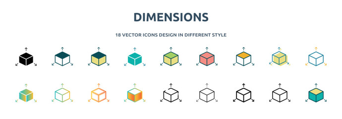 Poster - dimensions icon in 18 different styles such as thin line, thick line, two color, glyph, colorful, lineal color, detailed, stroke and gradient. set of dimensions vector for web, mobile, ui