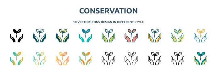 Poster - conservation icon in 18 different styles such as thin line, thick line, two color, glyph, colorful, lineal color, detailed, stroke and gradient. set of conservation vector for web, mobile, ui