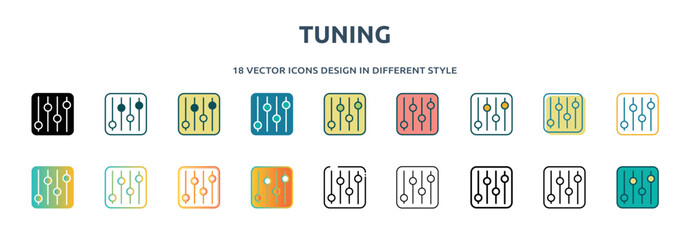Poster - tuning icon in 18 different styles such as thin line, thick line, two color, glyph, colorful, lineal color, detailed, stroke and gradient. set of tuning vector for web, mobile, ui