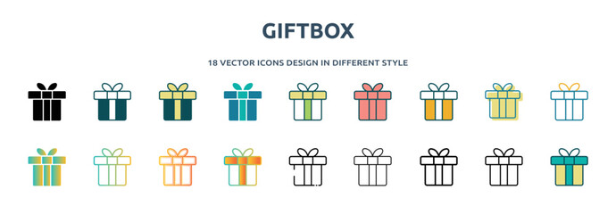 Poster - giftbox icon in 18 different styles such as thin line, thick line, two color, glyph, colorful, lineal color, detailed, stroke and gradient. set of giftbox vector for web, mobile, ui