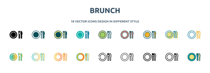 Wall Mural - brunch icon in 18 different styles such as thin line, thick line, two color, glyph, colorful, lineal color, detailed, stroke and gradient. set of brunch vector for web, mobile, ui