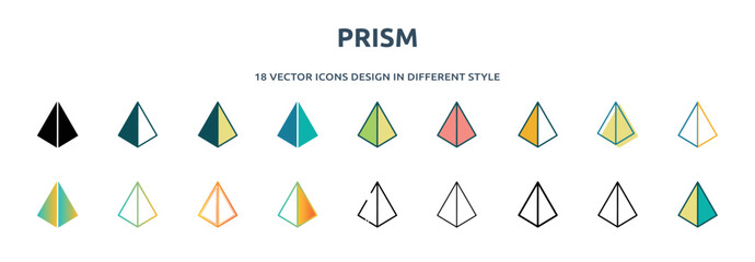 Poster - prism icon in 18 different styles such as thin line, thick line, two color, glyph, colorful, lineal 