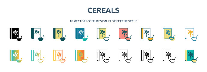 Poster - cereals icon in 18 different styles such as thin line, thick line, two color, glyph, colorful, lineal color, detailed, stroke and gradient. set of cereals vector for web, mobile, ui