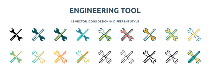 Poster - engineering tool icon in 18 different styles such as thin line, thick line, two color, glyph, colorful, lineal color, detailed, stroke and gradient. set of engineering tool vector for web, mobile,