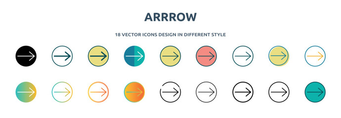 arrrow icon in 18 different styles such as thin line, thick line, two color, glyph, colorful, lineal color, detailed, stroke and gradient. set of arrrow vector for web, mobile, ui