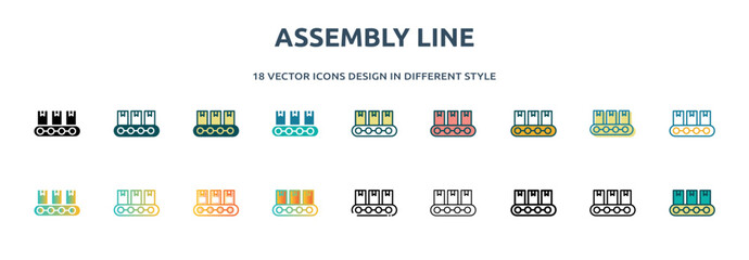 Poster - assembly line icon in 18 different styles such as thin line, thick line, two color, glyph, colorful,