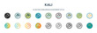 kali icon in 18 different styles such as thin line, thick line, two color, glyph, colorful, lineal color, detailed, stroke and gradient. set of kali vector for web, mobile, ui