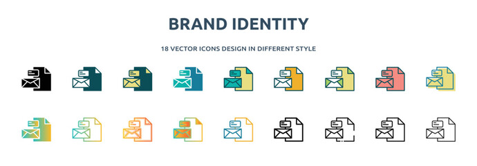 brand identity icon in 18 different styles such as thin line, thick line, two color, glyph, colorful, lineal color, detailed, stroke and gradient. set of brand identity vector for web, mobile, ui